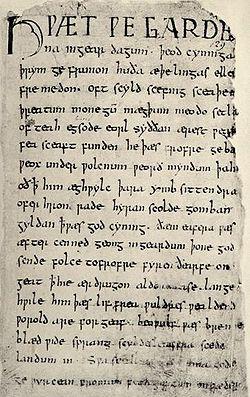 The first page of the sole surviving manuscript of "Beowulf." Despite being the earliest known piece of writing in English, few English speakers would understand the language on the page.