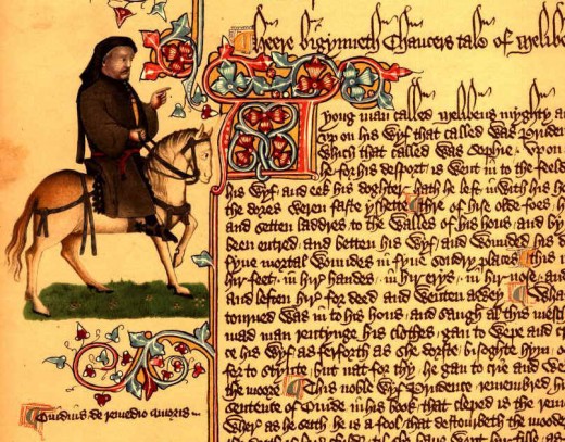 This page comes from the Ellesmere Manuscript of Chaucer's Canterbury Tales, written in Middle English. The Scribe, Adam Pinkhurst, was known for his elegant hand, but he wrote to conserve space on the page.