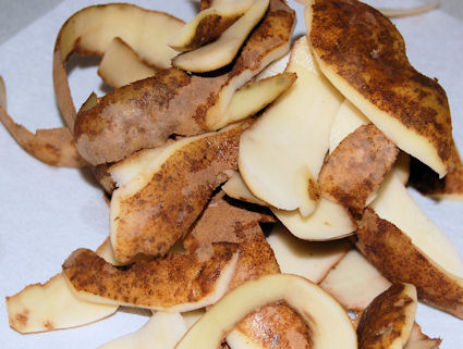 Potato peels are among the many foods that should not be put down the garbage disposal.  The starch in them will cling to the blades and cause the appliance to clog.