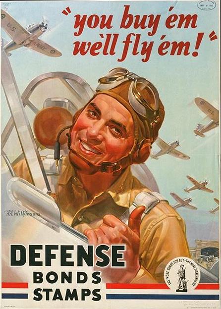 A smiling Air Force pilot is shown on this vintage war poster that was probably used to keep up the country's morale during World War I and II.