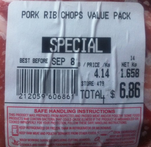 This package of rib chops is 4.414 per kg, and weighs 1.658 kg.