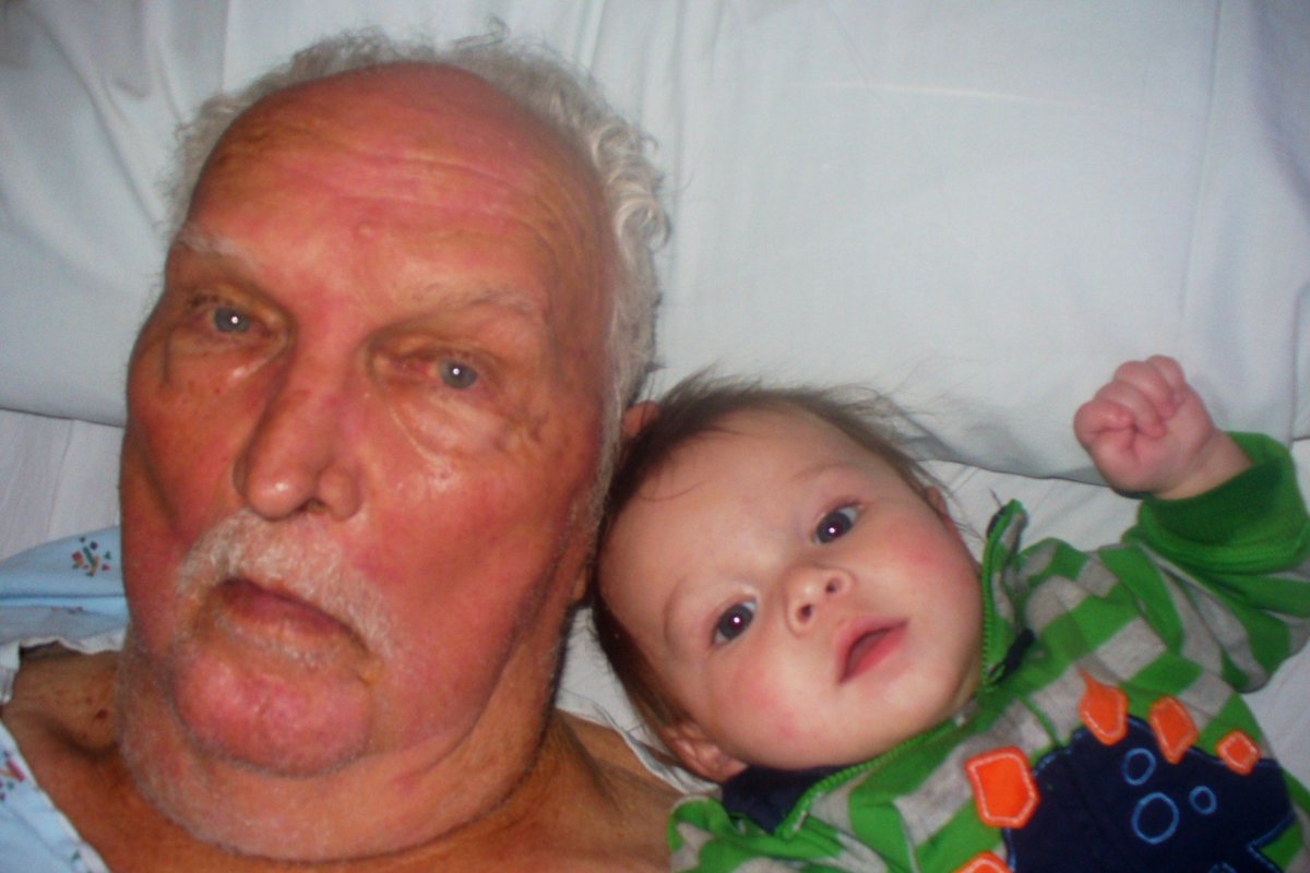 My Dad with his youngest grandchild, my nephew Aidan William Burton Burns, while Dad was in the hospital, December 2010