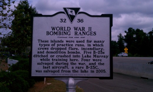 historic marker about the use of the lake islands for practice bombing runs of B25s during WWII