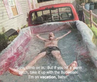 THIS IS A PHOTO OF A MAN SWIMMING IN THE BED OF HIS TRUCK. NOT A USUAL EVENT TODAY IN THE SOUTH.