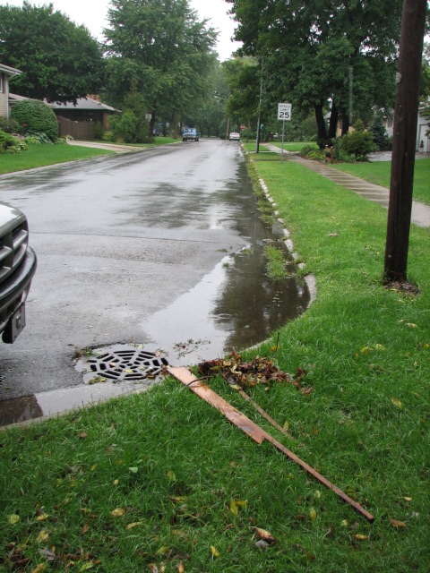 Sat.Sept.13th the heavy rain washed some boards from our yard down the street to the corner and another block to the next corner. The force of the water flow was amazing.