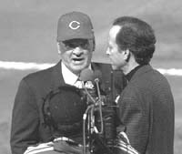 Pete Rose during the controversial interview by NBC Reporter Jim Gray on Oct. 24, 2000 as Rose returned triumphantly to baseball as part of the All-Century team at Turner Field in Atlanta. Photo courtesy of CNNSI.com