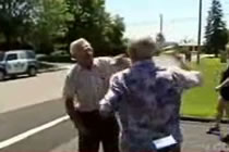 TWO ELDERLY MEN TRYING TO FIGHT. AT THEIR AGE, A FIST FIGHT MIGHT LEAD TO A SEVERE HEART ATTACK.