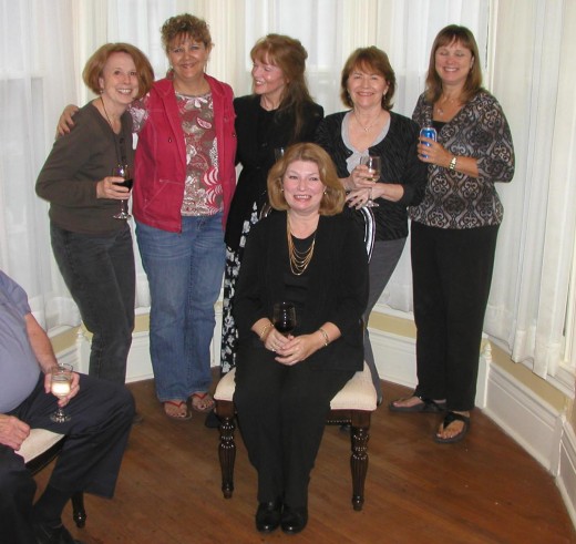 My fun friends in SE Kansas celebrating Patsy's b'day (sitting)...there's LIZ MOORE on the far left as you view the picture...she wrote this GREAT book!!!  then Donna, me, Becky and Val  9.16.11