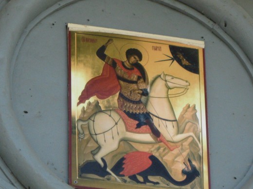 Icon over Entrance to St. George (Yuryev) Monastery depicting St. George slaying a dragon.  Anna Alexeevna Orlova provided the funds for the 19th Century restoration of this monastrey.