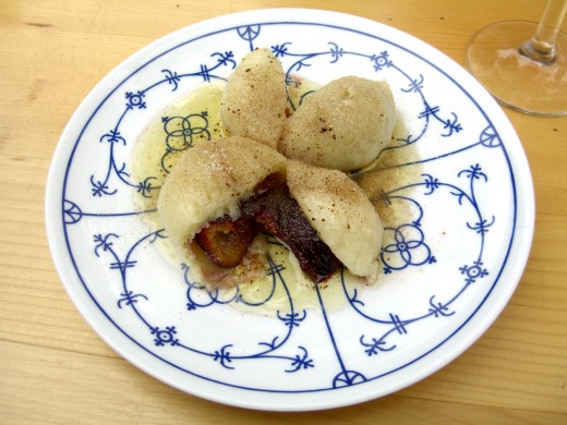 Meleg Tesztak (Warm Noodles and Dumplings) Shown here are plum filled dumplings)