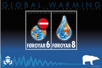 Global warming postage stamps from the Faro Islands.  Image courtesy Wikimedia Commons.