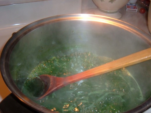 After sugar has been added, bring the mixture to a full rolling boil again. I added green food coloring to the mint tisane to make a prettier color.