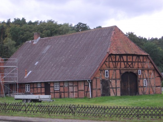 Wood framed farm, notice how long it is so you can have half for the animals.