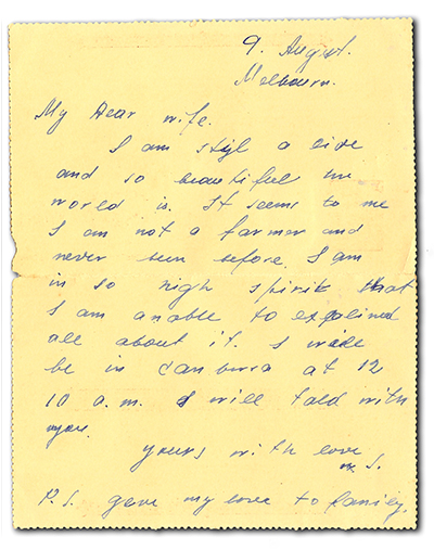 A letter to his wife saying he is not a farmer