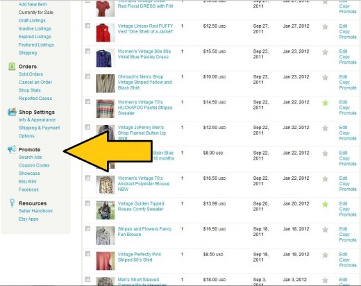 The Etsy promotional tools are located on the left navigation, towards the bottom.
