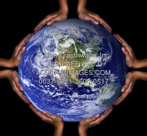Stock Photo Description: Stock image of hands holding the earth portray cooperation and peace on earth. Composite photo. Earth image courtesy of NASA satellite imagery available on public domain. 