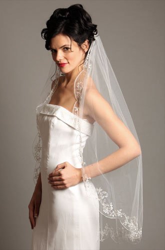 Wedding Bridal Veil, Pearl Beaded & Lace, 1 Layer 