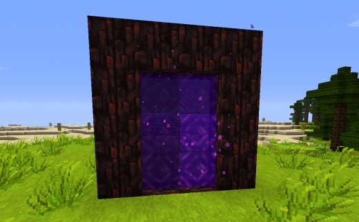 In the middle of a sunny field, a portal waits to take you to the Minecraft nether. 