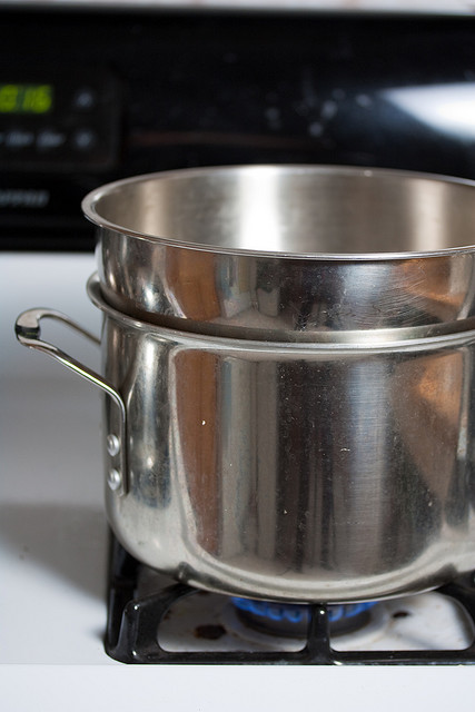 If you don't have a double boiler - no problem. You can use a broad based bowl over a deep sauce pan as pictured here.