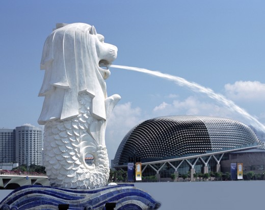 Merlion Statue of Singapore.  A logo of Singapore Tourism Promotion Board which adjacent to One Fullerton Building.