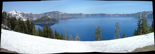 Crater Lake in Oregon created by a volcanic eruption is 6 miles across.
