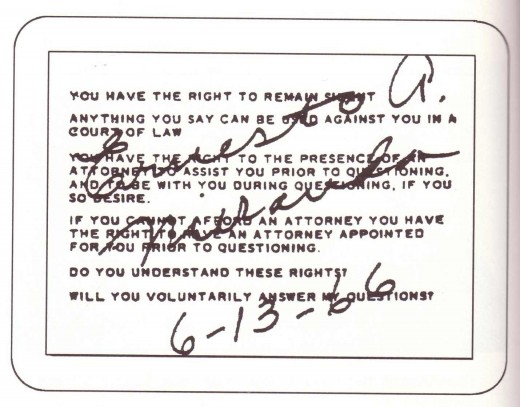 A Miranda warning card signed by Ernesto A. Miranda himself after his conviction was overturned by the U.S. Supreme court.  He sold these for $1.50 each.
