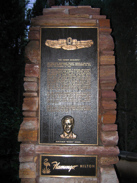 The plaque remembering Bugsy Siegel at the Flamingo Hotel.