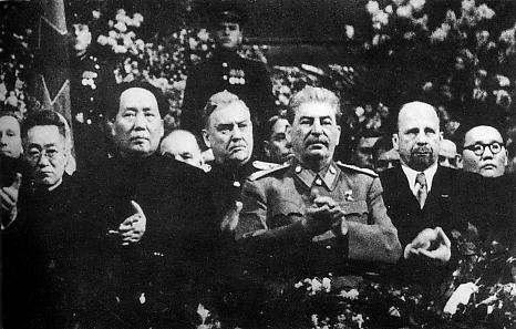 Mao at Stalin's side on a ceremony arranged for Stalin's 70th birthday in Moscow in December 1949. To the right of Stalin is Walter Ulbricht of East Germany