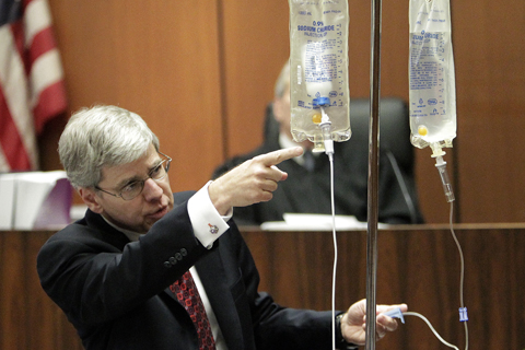 Note the Propofol bottle in empty saline bag.  This is how it was set up in the home of Michael Jackson.