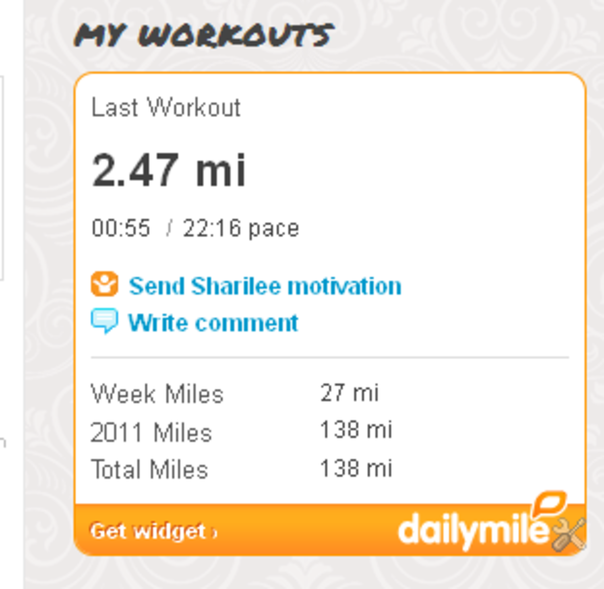 This is a screen shot from My Daily Mile,  a program I use to track my exercise minutes, and calories burned. 