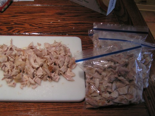 I stuffed the chicken into sandwich bags. If I planned to freeze these, I would place all of these into a gallon sized freezer bag pushing as much air as possible out of all the bags. By double bagging like this, freezer burn very rarely occurs.