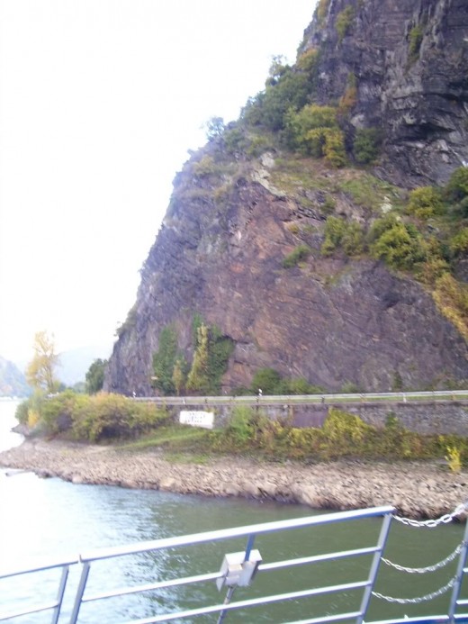 A view of the Base of Lorelei from the tour boat that floats the Rhine River. 