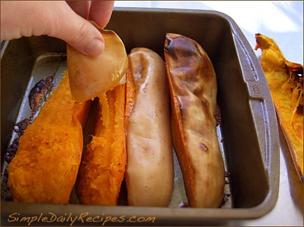 Roasting is one of the simplest ways to prepare butternut squash. Once cooked this way, the skin just slips right off.