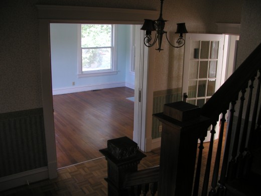 View from stairway into living room