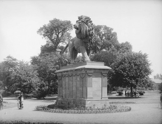 The Maiwand Memorial ("Forbury Lion") in Forbury Gardens, Reading, c. 1887