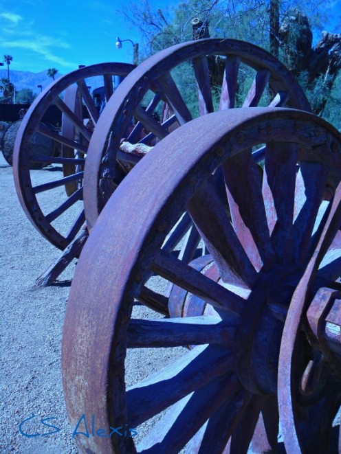 Sturdy iron and oak wood wheels used to haul the borax from the Valley by way of a Twenty Mule Team and large heavy duty wagons. These are a part on display at Furnace Creek Ranch