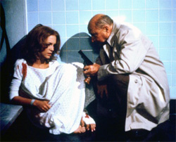 Laurie Strode (Jamie Lee Curtis) and Dr. Sam Loomis (Donald Pleasance) in Halloween II.
