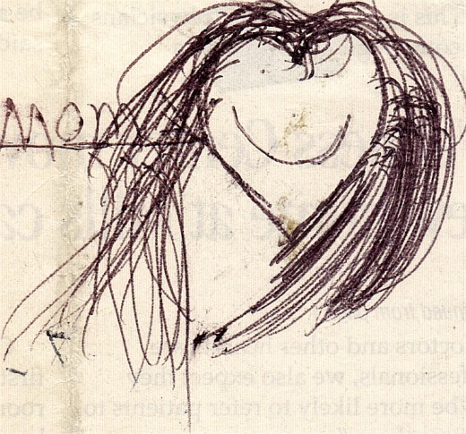 One of my sons drew this many years ago on a slip of paper and I kept it. The heart shaped face and the word mom just stuck with me. I love this. 
