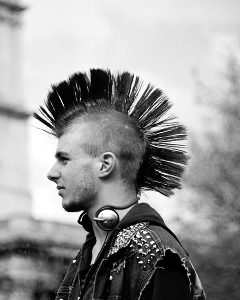 Fanned mohawk hairstyle.