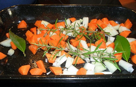 The prepared vegetables and herbs.