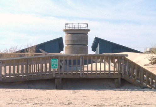View of the pavilion from the beach. Note the World War II tower that's behind it. 