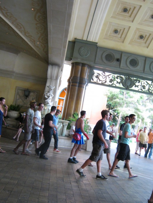 I took this picture in downtown Las Vegas, it's a bachelor party... see the guy in the middle wearing the "Spiderman Tutu?" Yep, bachelor parties get a li'l crazy here!