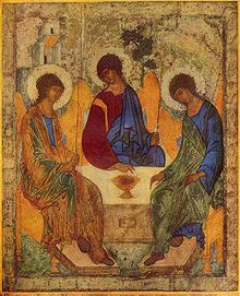 Russian icon of the Holy by Andrey Rublev, between 1408-25, also known as The Hospitality of Abraham