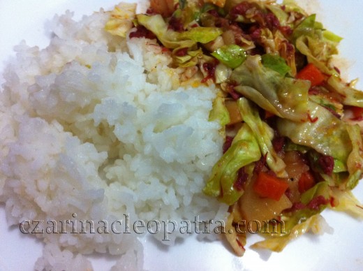Sautéed cabbage and corned beef with steamy rice - a satisfying meal!