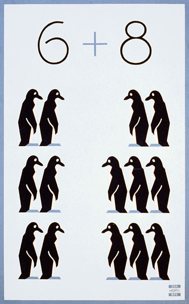 Poster promoting education and civic activity, showing two columns of penguins, six on the left, eight on the right.