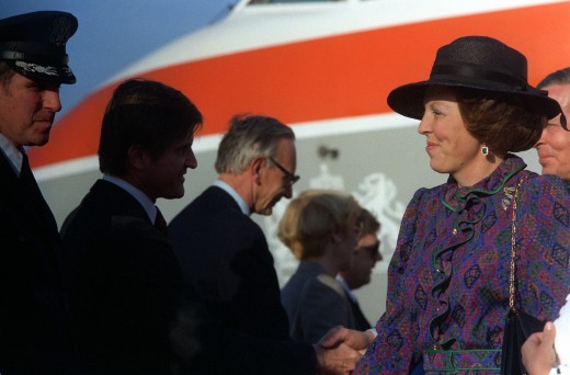Queen Beatrix of the Netherlands is welcomed upon arrival for a visit to the United States, 1982