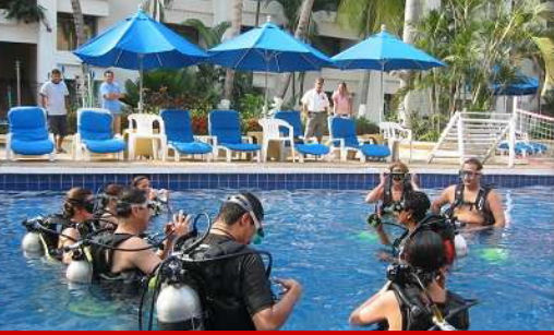 Before diving in the open water, scuba diving training involves various skills training done in a confined space such as swimming pools. 