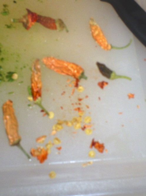 This one ingredient is from my mom's garden as I have a lifetime supply of dried red peppers.  Add lots of peppers to the salsa to make it spicy.