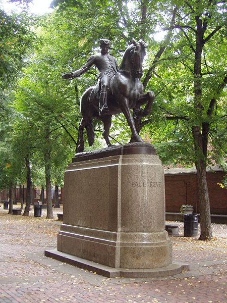 Statue of Paul Revere by Cyrus E. Dallin, in the Paul Revere Mall, North End, Boston, Massachusetts. Photograph taken by Daderot , September 2005.