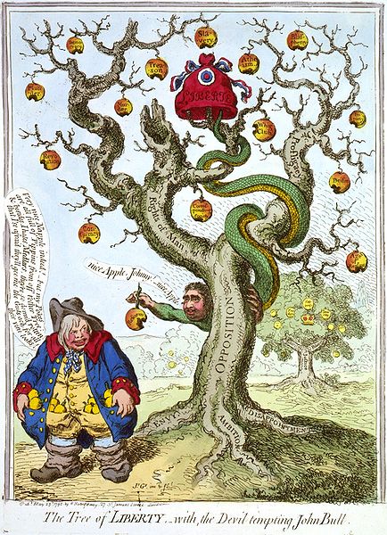The Tree of LIBERTY, – with, the Devil tempting John Bull: A caricature by James Gillray, showing Charles James Fox as Satan, tempting John Bull with the rotten fruit of the opposition tree of Liberty. John's pockets are already full with the golden 